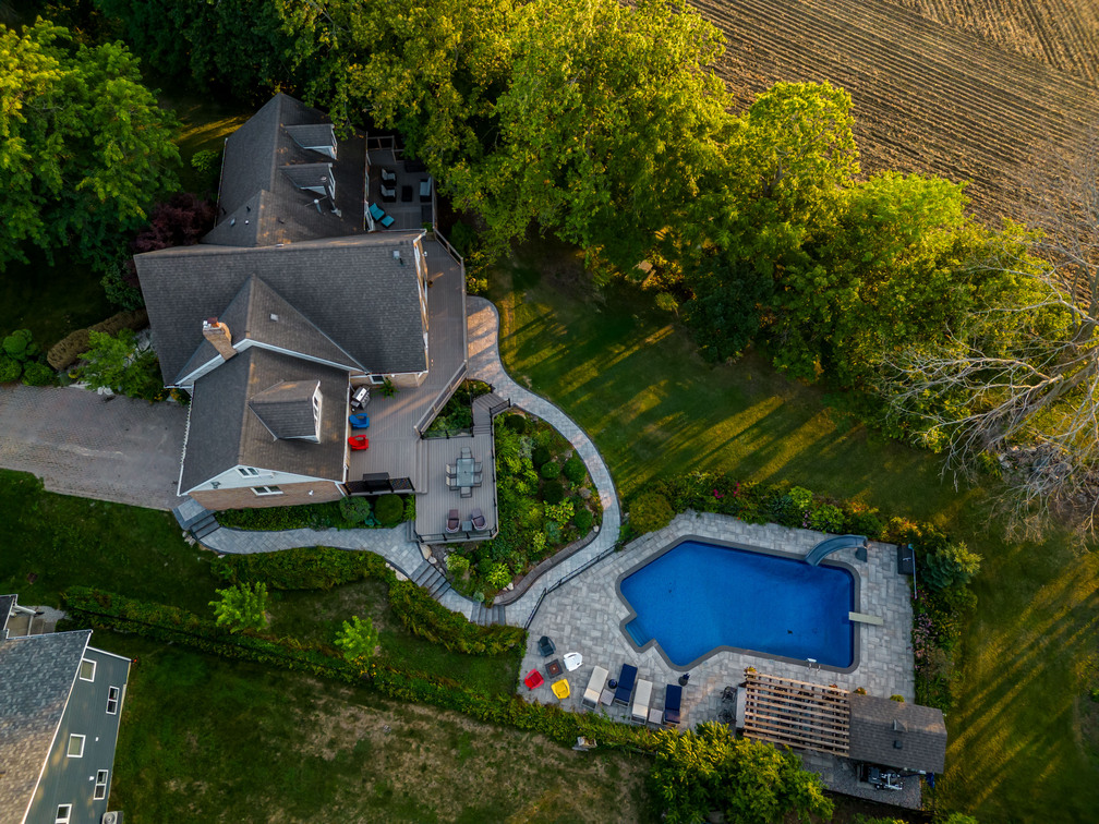 Drone shot of deck & hardscape project in Schomberg, Ontario