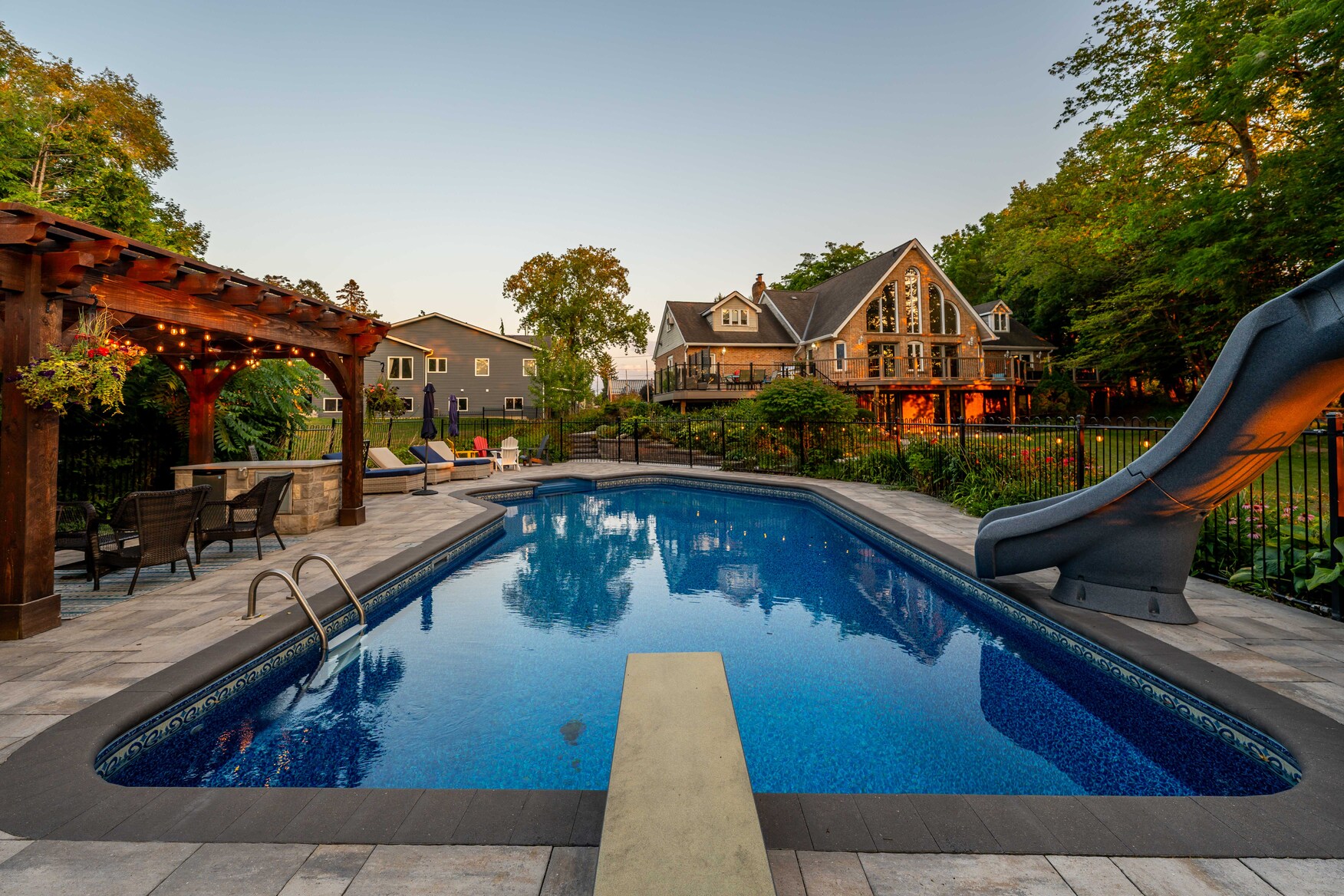 Poolside view of hardscape project in Schomberg, Ontario